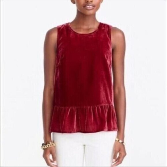 J Crew Womens Drapey Red Velvet Peplum Top Sz 2 Blouse Sleeveless Soft - Picture 1 of 10